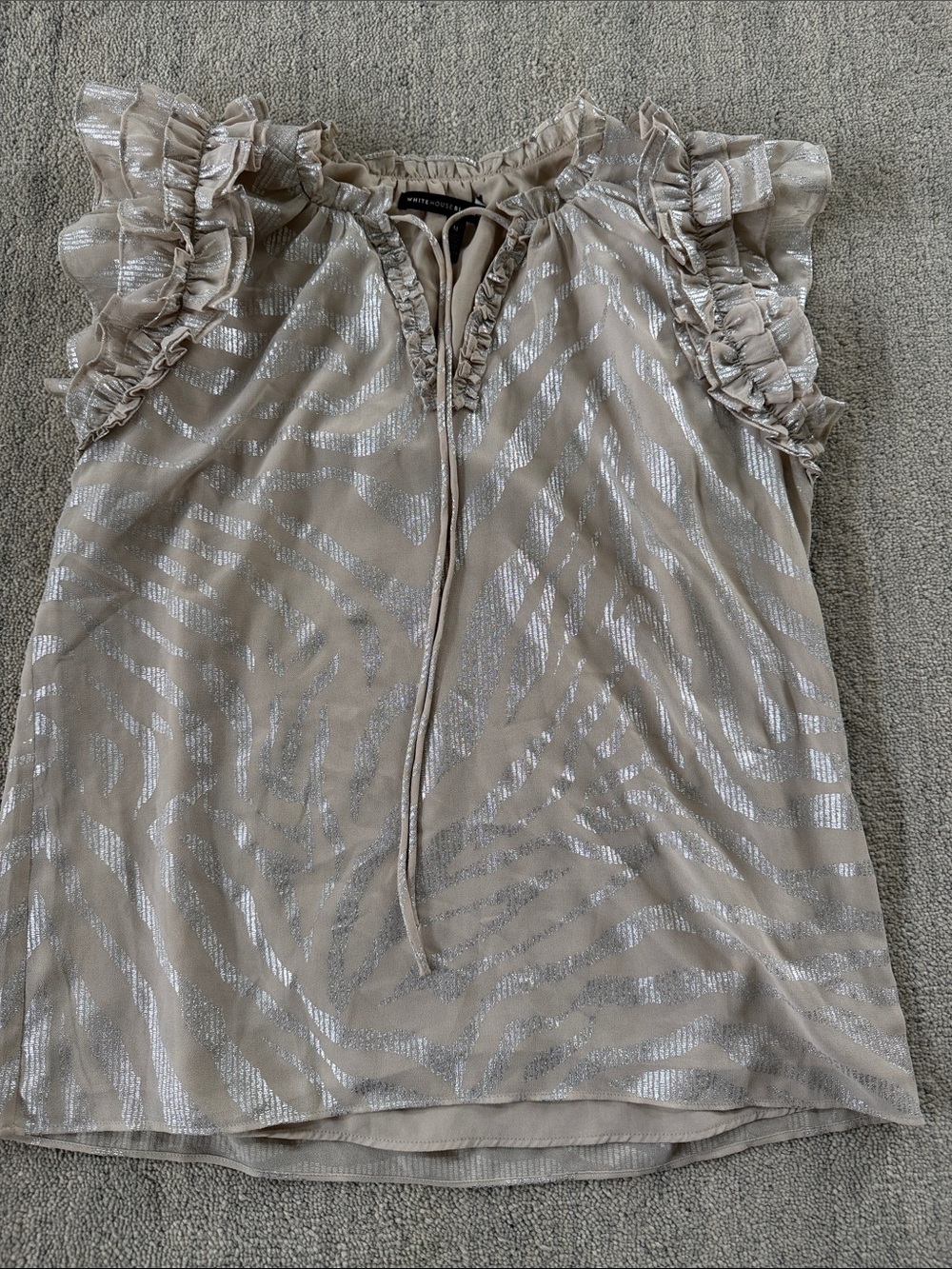 White House Black Market Metallic Taupe Ruffle Shell Blouse Top M